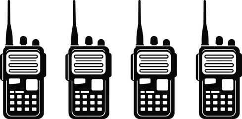 Black walkie-talkie icon set, communication device silhouette, two-way radio, wireless transmitter, handheld radio, emergency communication, portable transceiver. © Creative Rejia