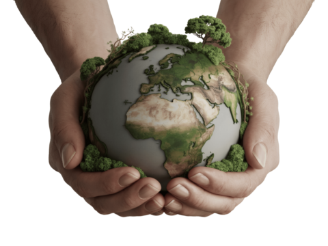 Hands holding a green earth globe with moss isolated on transparent background - Powered by Adobe