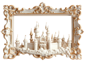A miniature castle sits inside a decorative frame. The castle features towers and flags. The design has intricate details. The background is clear and allows the frame to stand out