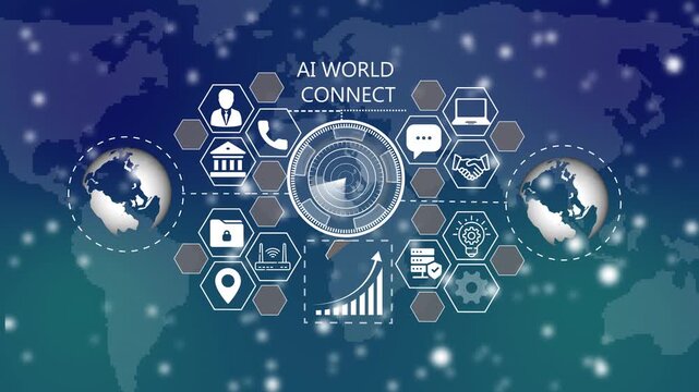 AI World Connect Diagram with Global Network and Icons map concept. 4k Video animation. 