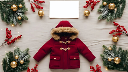Flat lay of a red baby winter coat with Christmas decorations on a white background