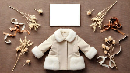 Cream Baby Winter Coat Flat Lay with Dried Flowers and Blank Card