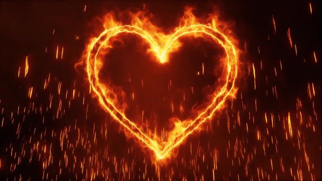 A vibrant heart shape outlined in bright orange flames with fiery sparks flying against a dark, smoky background, symbolizing passion and intense love.