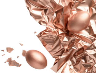 The scene shows a metallic foil wrapper containing chocolate eggs, with some pieces broken off. The background is transparent, highlighting the wrapper and eggs clearly