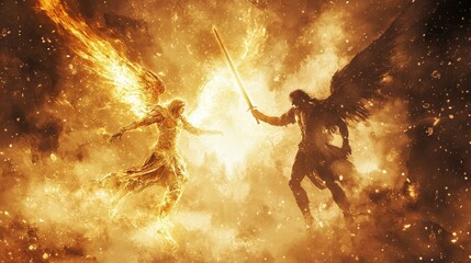 Two angels are fighting with a sword in the air. One of them is holding a sword and the other is holding a shield