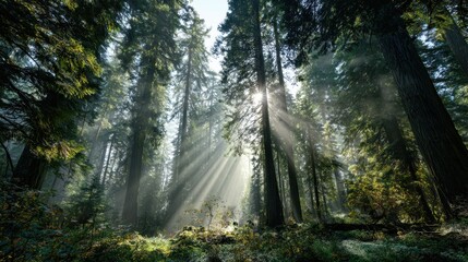 Obraz premium Sunlight filters through tall trees in a forest during morning hours creating a warm atmosphere with beams of light
