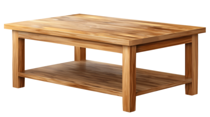 Wooden table with a simple design and a shelf, sitting in a well-lit indoor space