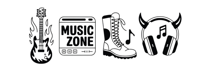 Black and White Music Related Including Guitar Cassette Boot Headphones and Notes cassette tape