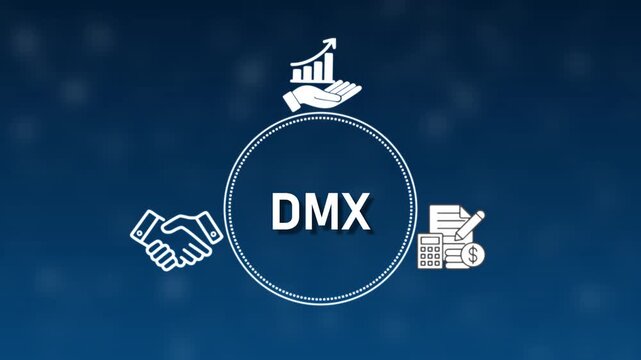 DMX concept icons handshake graph calculator and document on blue background business finance