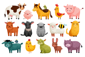 Animals on a farm gather together in a colorful illustration with various species in different poses and activities