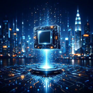 Advanced Artificial Intelligence Processor in Neon Smart City