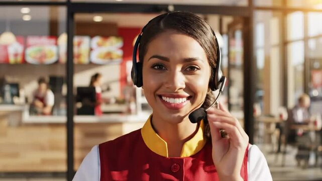 Friendly restaurant employee smiles and welcomes customers, ready to take their orders with a headset microphone.