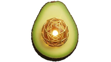 Fresh avocado half with glowing geometric centerpiece, symbolizing healthy eating and innovation