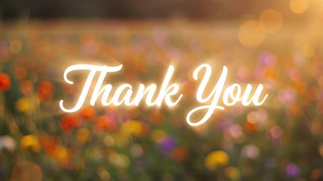 Thank You message with a warm bokeh background of a wildflower field at sunset.