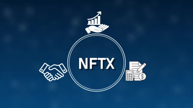 NFTX Non- Fungible Token Concept with Financial Icons and Handshake on Blue Background nftx non-fungible token