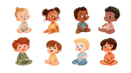 Children sitting together and smiling in a playful setting during daytime with various clothing styles