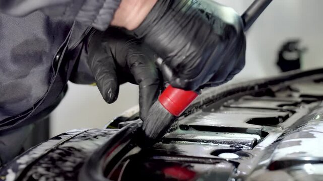 Car Washing And Detailing. Closeup Of Worker Washing and Cleaning Engine Compartment By Brush