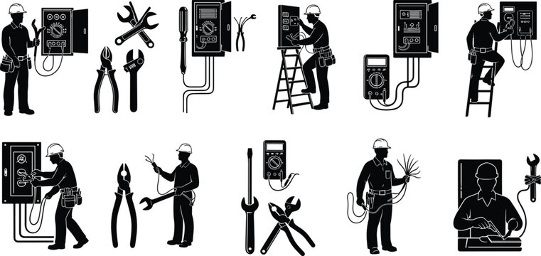 Electrician silhouette icon set, electrical tools, maintenance work, wire handling, repair technician, vector illustration, black pictogram, utility graphic
