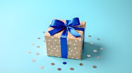 Gift box with blue ribbon and heart-patterned wrap on light blue surface with festive confetti