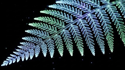 Close-up of a delicate fern frond with shimmering, iridescent colors against a dark background.