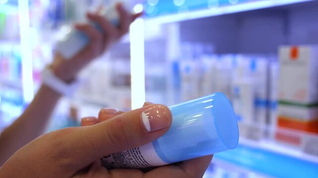 Close up of a female hand with a french manicure holding a cosmetic product, carefully reading the label before buying. In the blurred background, another person is browsing the shelves