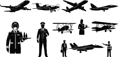 Aviation silhouette icon set, pilot figure, flight attendant, ground crew, airplane types, vector illustration, black pictogram, airline graphic, travel symbol © MDMAHOMUDUL