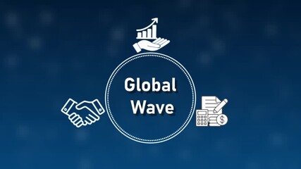 Business concept with Global Wave text and icons for handshake growth and finance on a blue gradient background - Powered by Adobe