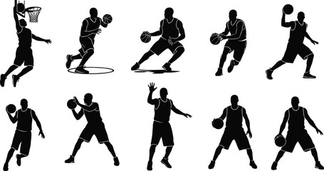 Basketball player silhouette icon set, dribbling, shooting, dunking, passing, athletic motion, sports action, vector illustration, black pictogram graphic © MDMAHOMUDUL
