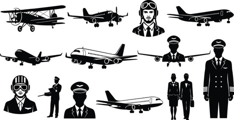Aviation silhouette icon set, pilot figure, airplane types, vintage aircraft, airline crew, vector illustration, black pictogram, flight graphic, travel symbol © MDMAHOMUDUL