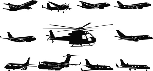 Aircraft silhouette icon set, airplane types, helicopter graphic, aviation design, jet plane, vector illustration, black pictogram, flight symbol, transport graphic © MDMAHOMUDUL