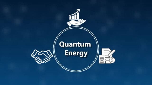 Quantum Energy Concept with Business and Financial Icons on Blue Background physics science