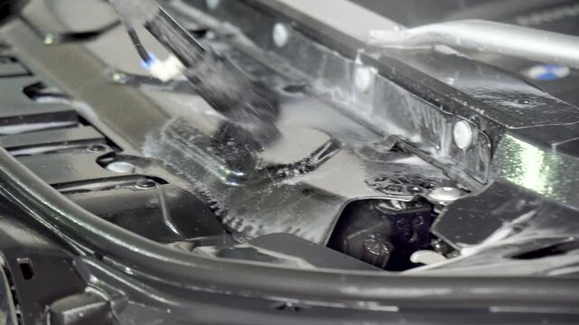 Car Washing And Detailing. Closeup Of Worker Washing and Cleaning Engine Compartment By Brush