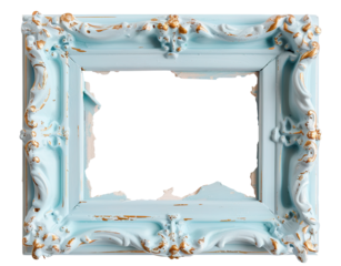 A baby blue velvet frame with gold trim, cut out and placed on a transparent background. It is suitable for various uses such as showcasing artwork or photos
