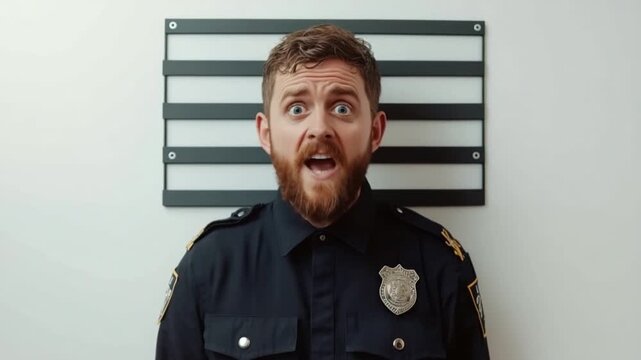 A surprised police officer stands against the mugshot backdrop. His expression is one of shock and disbelief. Capturing unexpected moments and emotions. Generative AI