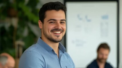 A young professional smiles warmly in a modern office setting. He embodies confidence and creativity. This video captures workplace dynamics. Generative AI