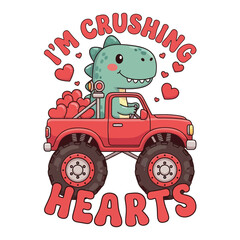 Cute Dinosaur in Monster Truck with Hearts Valentine Love Illustration © TAPU SHAHA