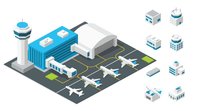 Isometric illustration of a modern airport terminal with planes and control tower