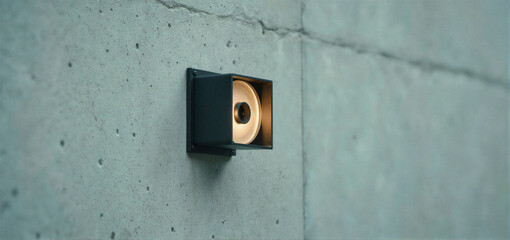 A modern black wall-mounted light fixture with a warm glow mounted on a concrete wall.