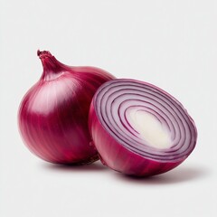 A crisp, high-resolution studio shot of a vibrant red onion, accompanied by a neatly sliced half of another red onion. 