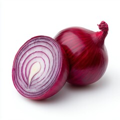 A crisp, high-resolution studio shot of a vibrant red onion, accompanied by a neatly sliced half of another red onion. 