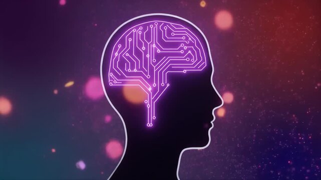 A glowing purple circuit board brain inside a human head silhouette, representing artificial intelligence and technology.