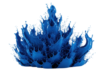 Highly reflective, viscous sapphire blue paint splash, captured via ultra-high-speed macro photography on a sterile white background. Concept of controlled kinetic chaos