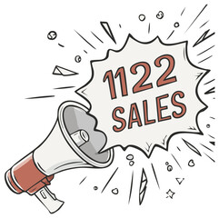 Cartoon megaphone with 1122 sales announcement, business promotion, advertising, commercial marketing