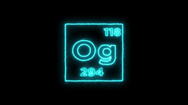 Oganesson periodic table element symbol hologram, chemical element Periodic Table, atomic weight element number on black background in 4K