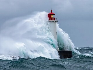 Extreme ocean storm hits a coastal lighthouse with massive waves. Concept of climate risk, natural disaster and coastal danger.