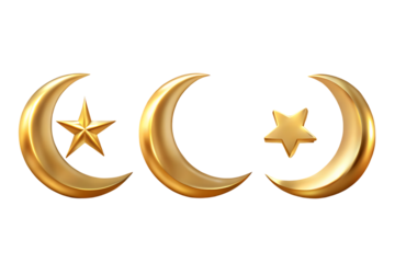 Golden crescent moons and stars on white background isolated on a transparent background