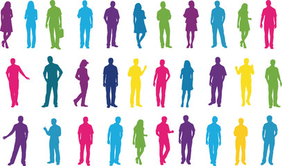 Diverse crowd of colorful people silhouettes standing in rows representing multicultural community cooperation social inclusion human resources and global professional networking