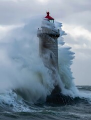 Extreme ocean storm hits a coastal lighthouse with massive waves. Concept of climate risk, natural disaster and coastal danger.