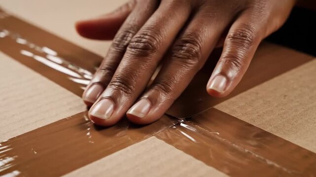 Hand sealing cardboard box with tape for shipping and delivery services