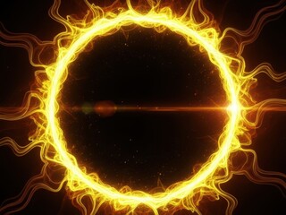Abstract glowing yellow energy ring with light flares and particles on a dark background, representing solar eclipse or portal effect